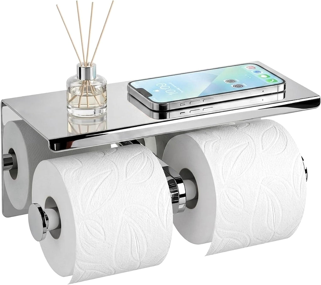 Double Toilet Paper Holder Tissue Roll Rack with Phone Storage Shelf