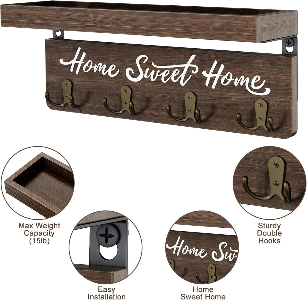 buways Key Holder Wall Mount with 8 Hooks and Cozy Home Sign (Brown)