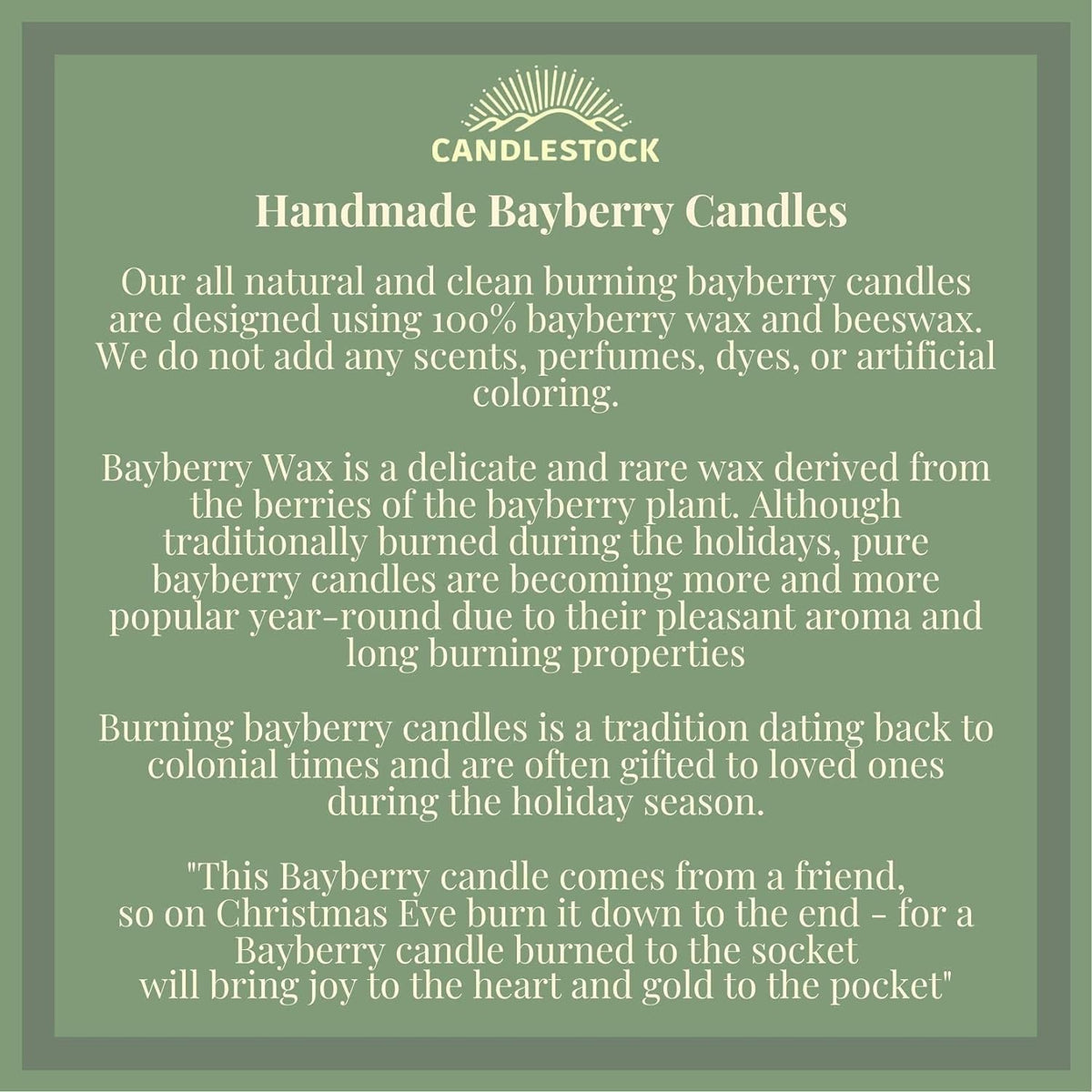 Candlestock Real Bayberry Taper Candle Pair 8 inch - Pure Bayberry and Pure 100% USA Beeswax Blend - Dripless Taper Candles - 2 Pairs (4 Candles)