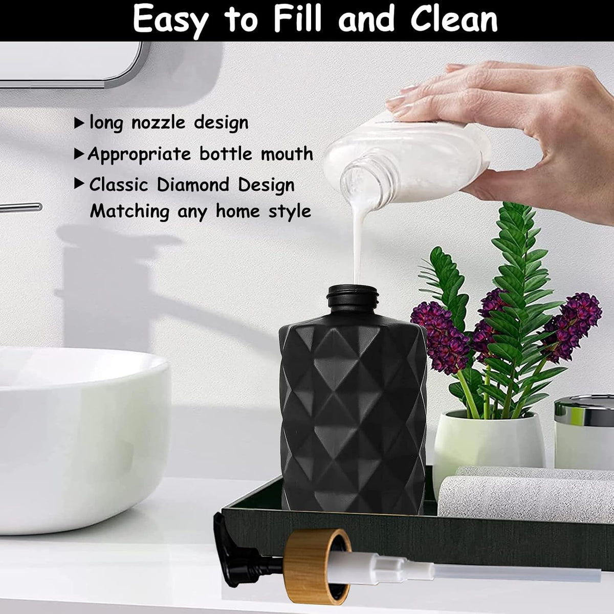 YYTSGG Black Glass Soap Dispenser Set with Bamboo Pump, 12oz, 2 Pack