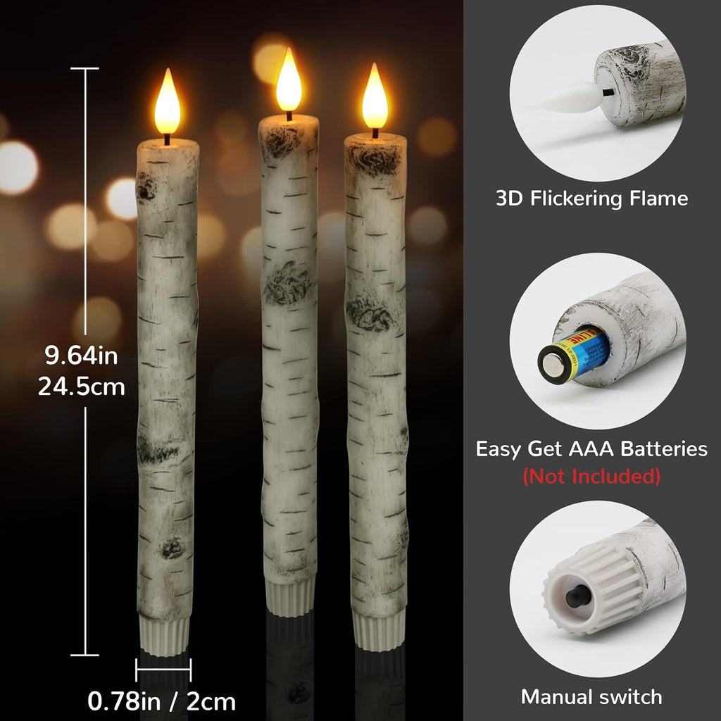 PChero Flameless Taper Candles with Remote Timer, Birch Bark, Pack of 3