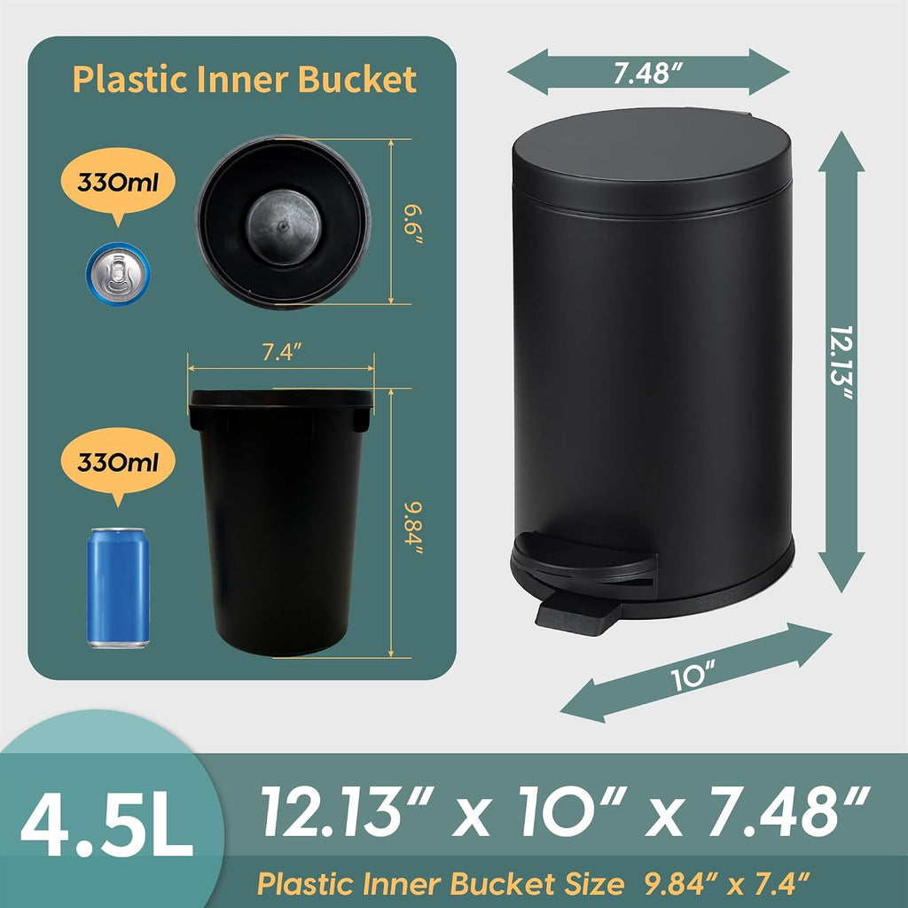 SunnyPoint 4.5 Liter(1.2 Gallon) Small Round Trash Can with Plastic Inner Bucket; Bathroom, Office, Kitchen and Bedroom Step On and Slow Close (BLK) (Pack of 2)