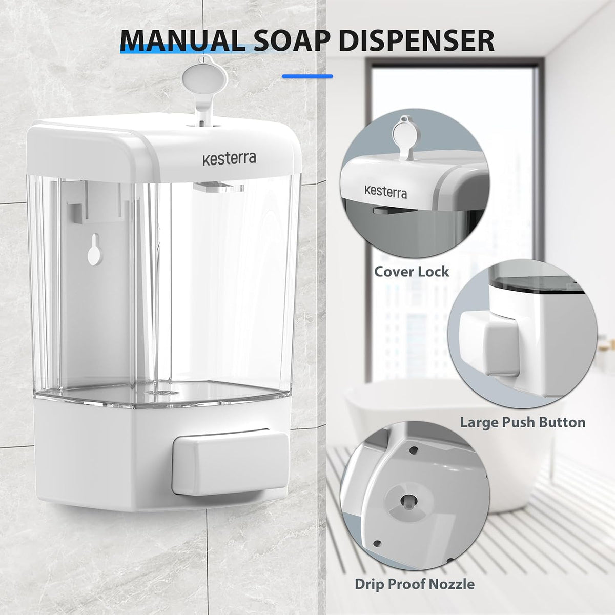 Manual Soap Dispenser, 23.7oz/700ml Wall Mount Soap Dispenser, Large Capacity Kitchen Bathroom Hand Soap Pump, Commercial Refillable Shampoo Shower Gel Lotion Dispenser, White