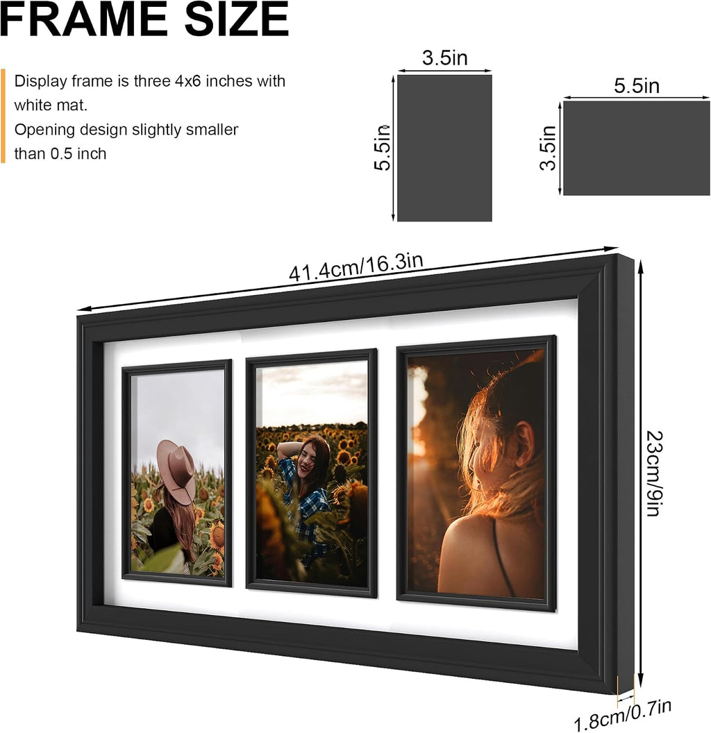 iRahmen 4x6 Collage Picture Frames,Fits Three 4x6,Wood Tempered Glass Black