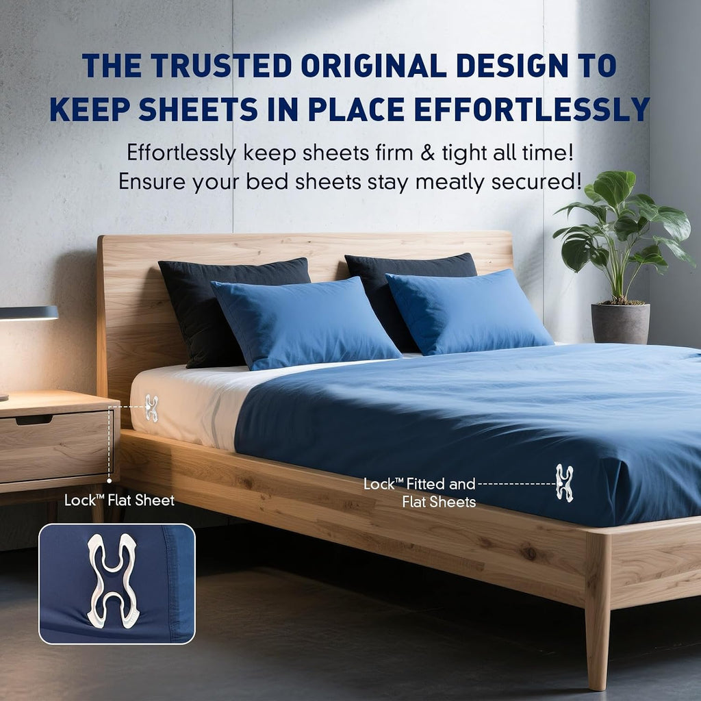 Bed Sheet Holders Lock for Corners - Mattress Sheet Corner Holders Keep Firm Tight in Place Set of 4 (White)