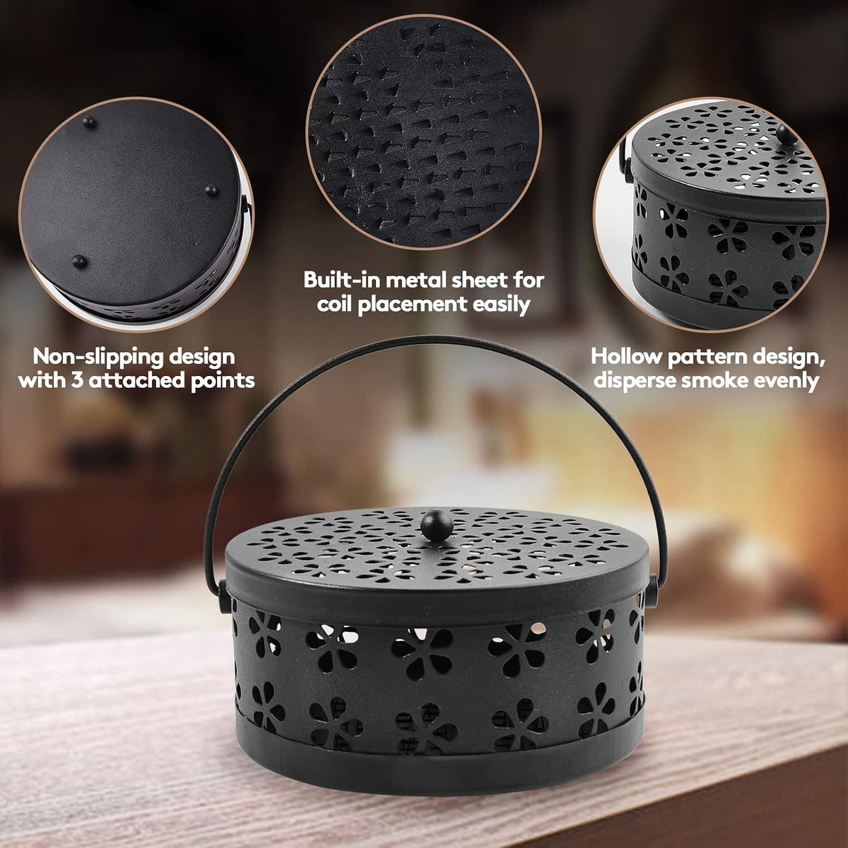 4 Pieces Mosquito Coil Holder Incense Coil Burner Indoor Outdoor Camping Use Portable Mosquito Repellent Coil Holder Incense Burner Holder (Black Blossom)