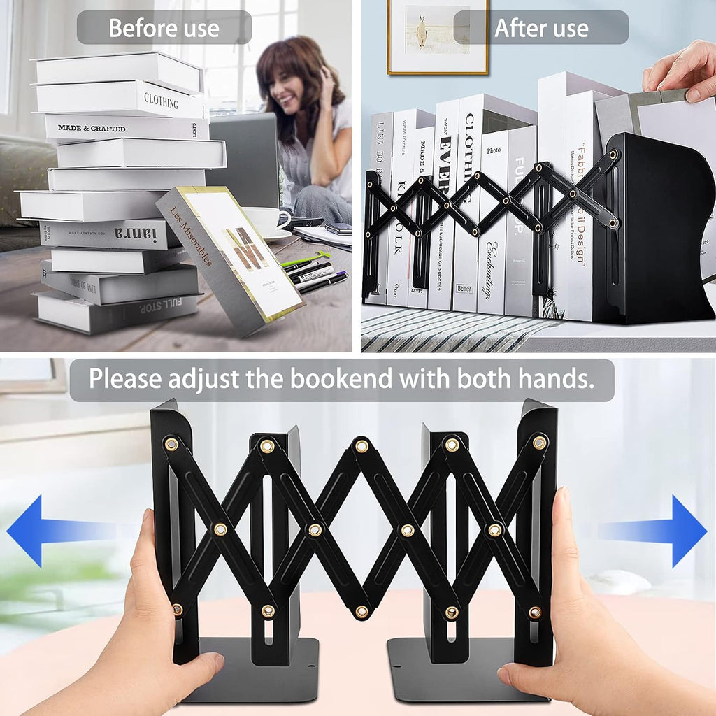 Non Skid Book Ends to Hold Books, Carooyac Metal Adjustable Book Ends Decorative Bookends for Home Office, Heavy Duty Kids Bookshelf Magazine Holder Book Organizer for Desk