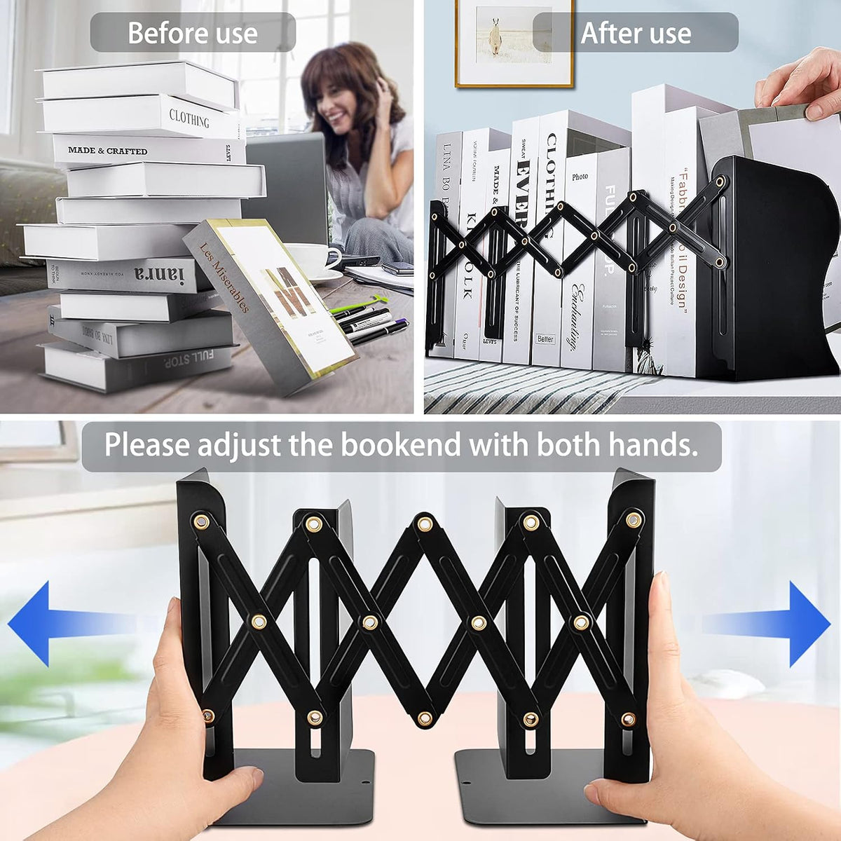 Non Skid Book Ends to Hold Books, Carooyac Metal Adjustable Book Ends Decorative Bookends for Home Office, Heavy Duty Kids Bookshelf Magazine Holder Book Organizer for Desk