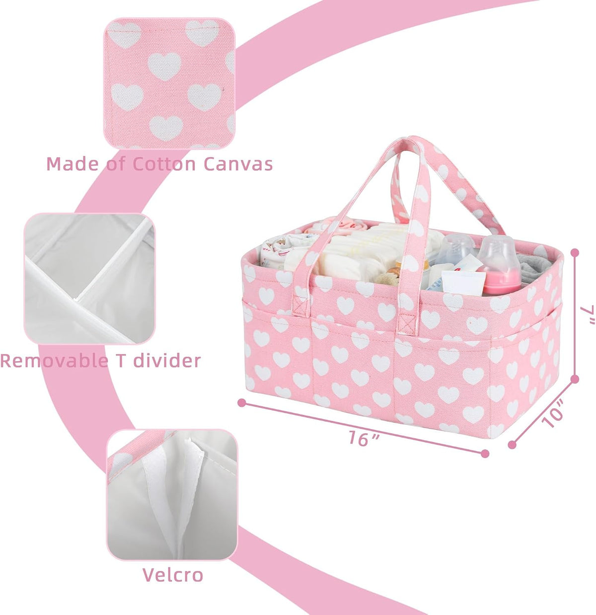 Diaper Caddy Organizer for Baby Girl-Nursery Storage Bin-Portable Car Organizer for Diapers and Baby Wipes- Baby Shower Registry Basket Newborn Must Have Tote Caddy Bag（Pink Heart）