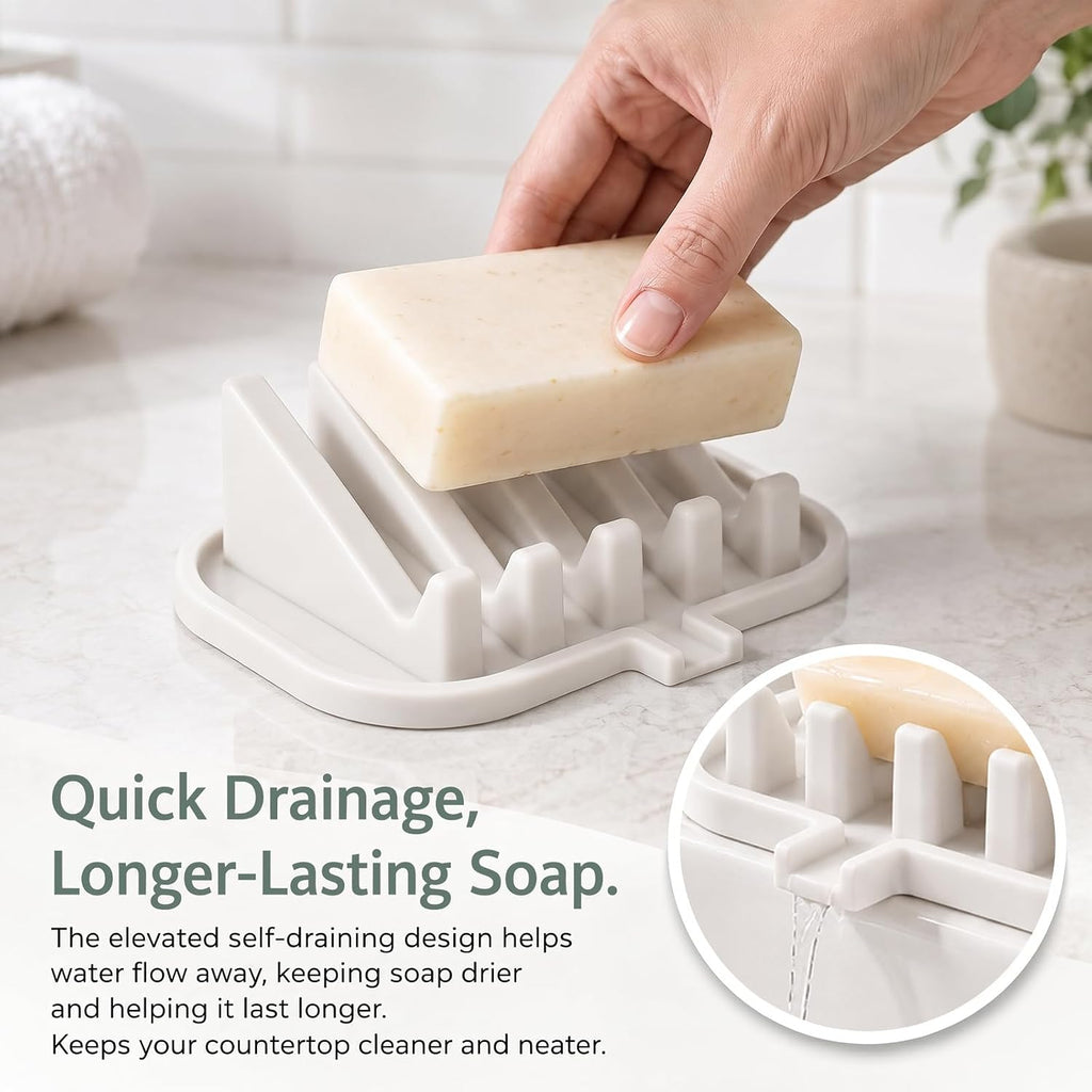 Silicone Soap Dish Holder for Shower with Self Draining (2, White)