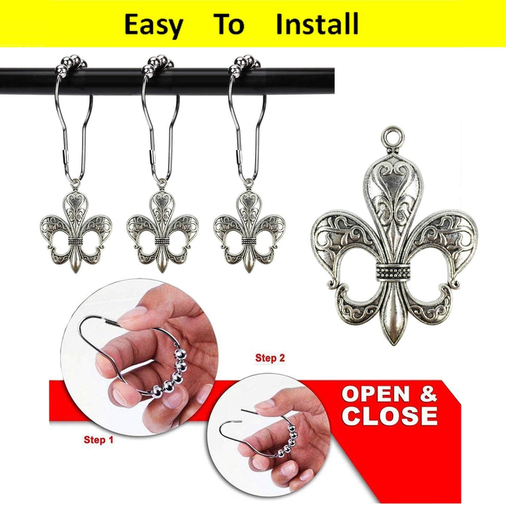 Set of 12 Fleur De Lis Shower Curtain Hooks French Lily Royal Heraldry French Cottage Chic Historical Theme Style Decorative Home Bathroom Stainless Steel Rustproof (Silver)