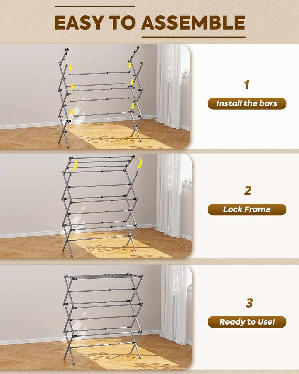 KINGBOARD Clothes Drying Rack, 3-Tier Foldable Extendable, Grey