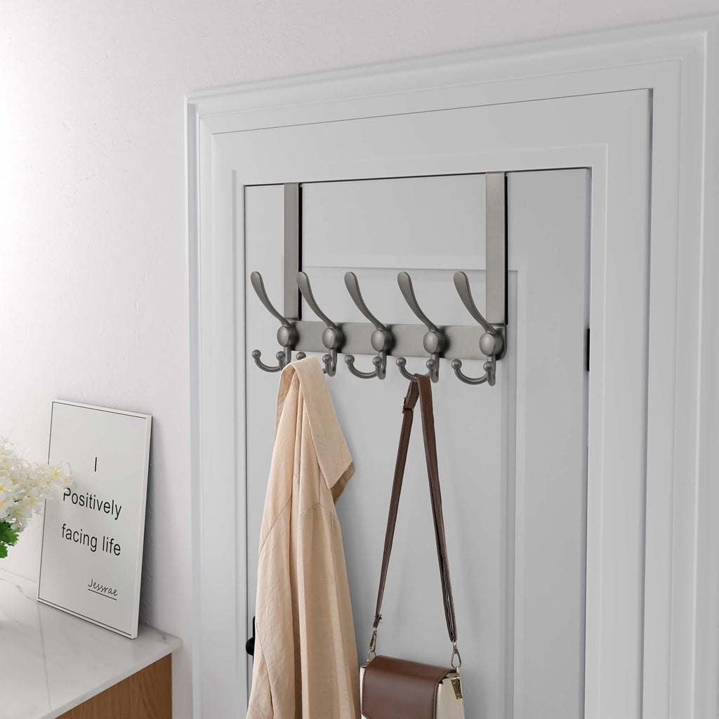 Dseap Over Door Hook 2.0 - Upgraded Version - Simple-Assembly, Strong, Heavy-Duty Stainless Steel 5-Tri-Hook Over The Door Hanger Rack, SimpleStrong Series, Grey, Pack of 2