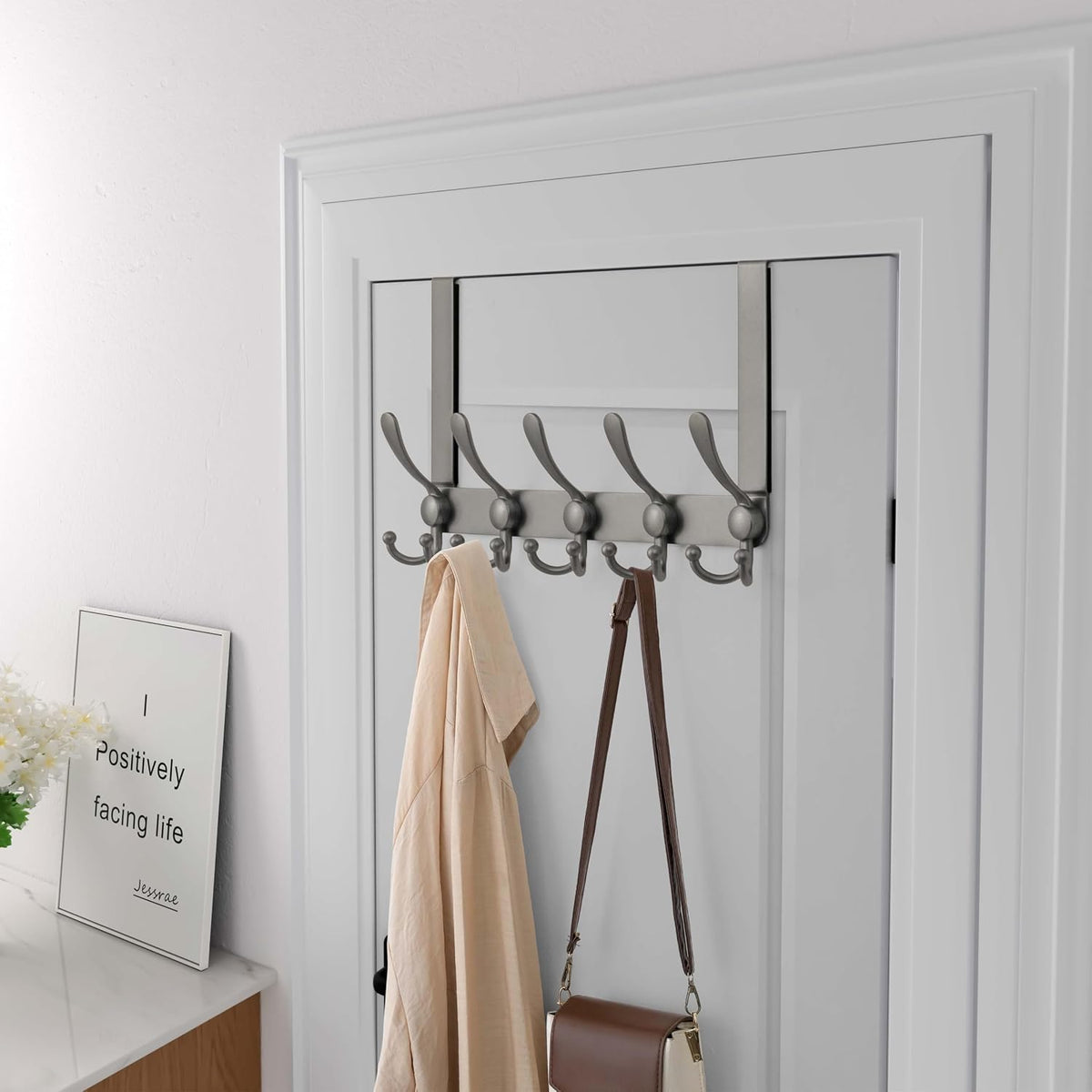 Dseap Over Door Hook 2.0 - Upgraded Version - Simple-Assembly, Strong, Heavy-Duty Stainless Steel 5-Tri-Hook Over The Door Hanger Rack, SimpleStrong Series, Grey, Pack of 2