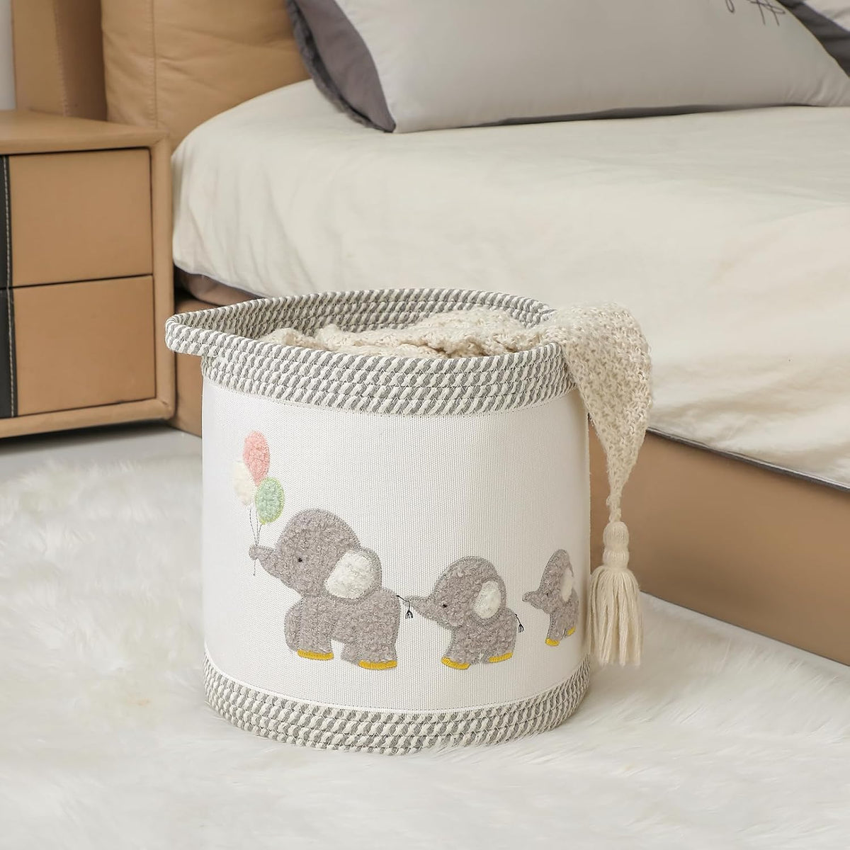 Baby Toy Basket Laundry Hamper Blanket Baskets Cute Elephant Nursery Storage Basket, Woven Cotton Rope Nursery Organization Bins For Girls Boys Kids Baby Shower Gifts Baskets