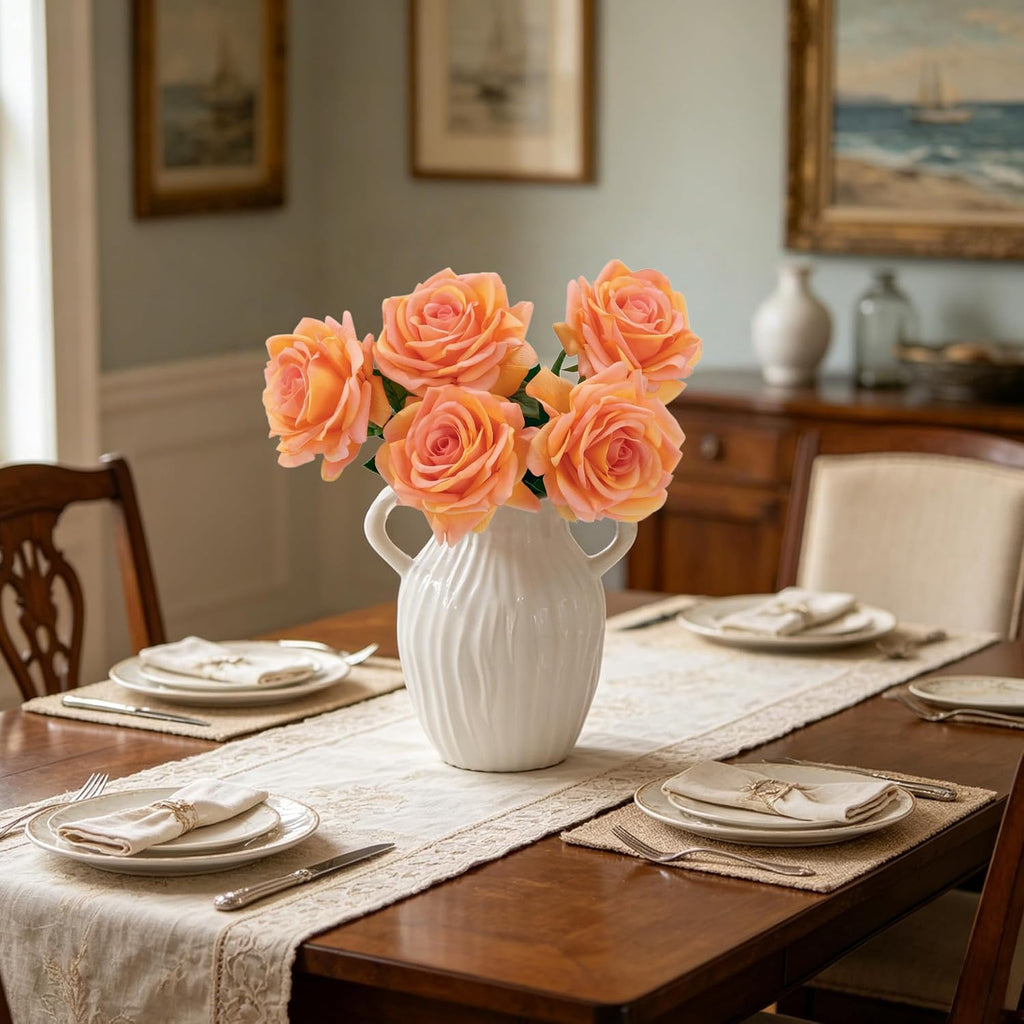 Real Touch Artificial Roses, 5Pcs Peach Coral Faux Silk Flowers