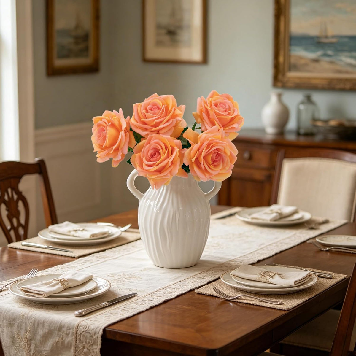 Real Touch Artificial Roses, 5Pcs Peach Coral Faux Silk Flowers