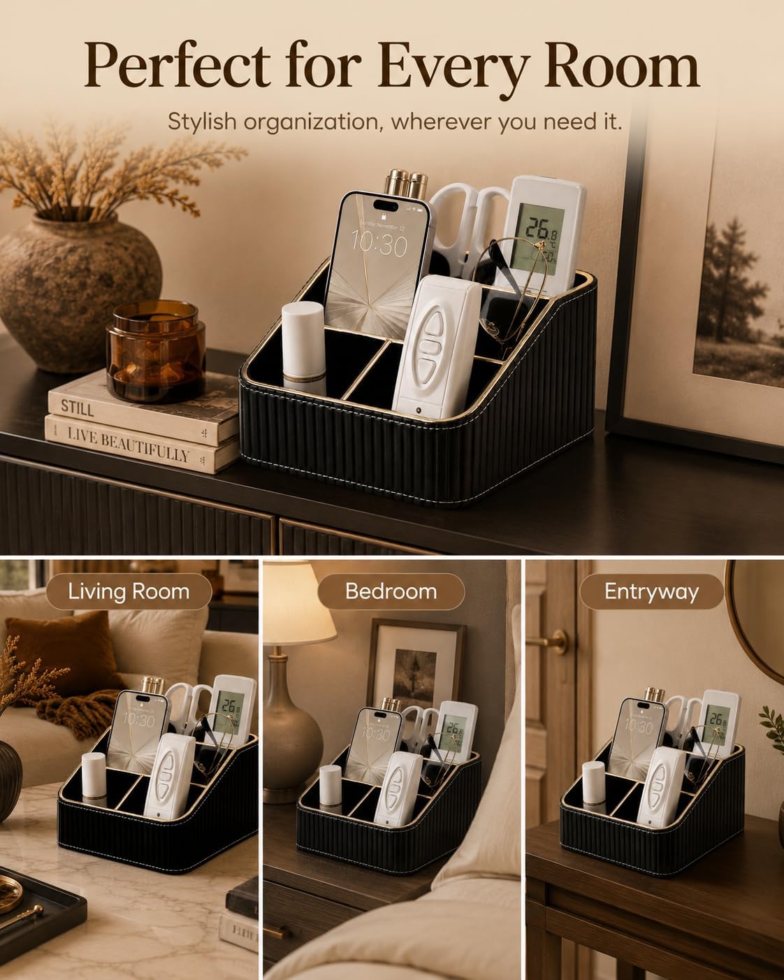 KINGFOM PU Leather Remote Control Holder, 4 Compartment Nightstand Organizer with Gold Trim, Small Desk Organizer for Office Supplies, Phone, Glasses, Pens, Bedside Table, Living Room Decor Black