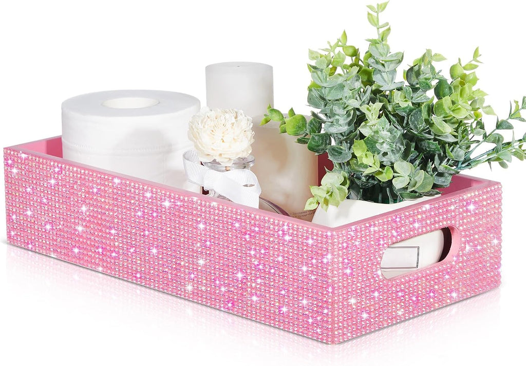 Honeydak Bathroom Basket, Rhinestone Toilet Tank Tray Pink