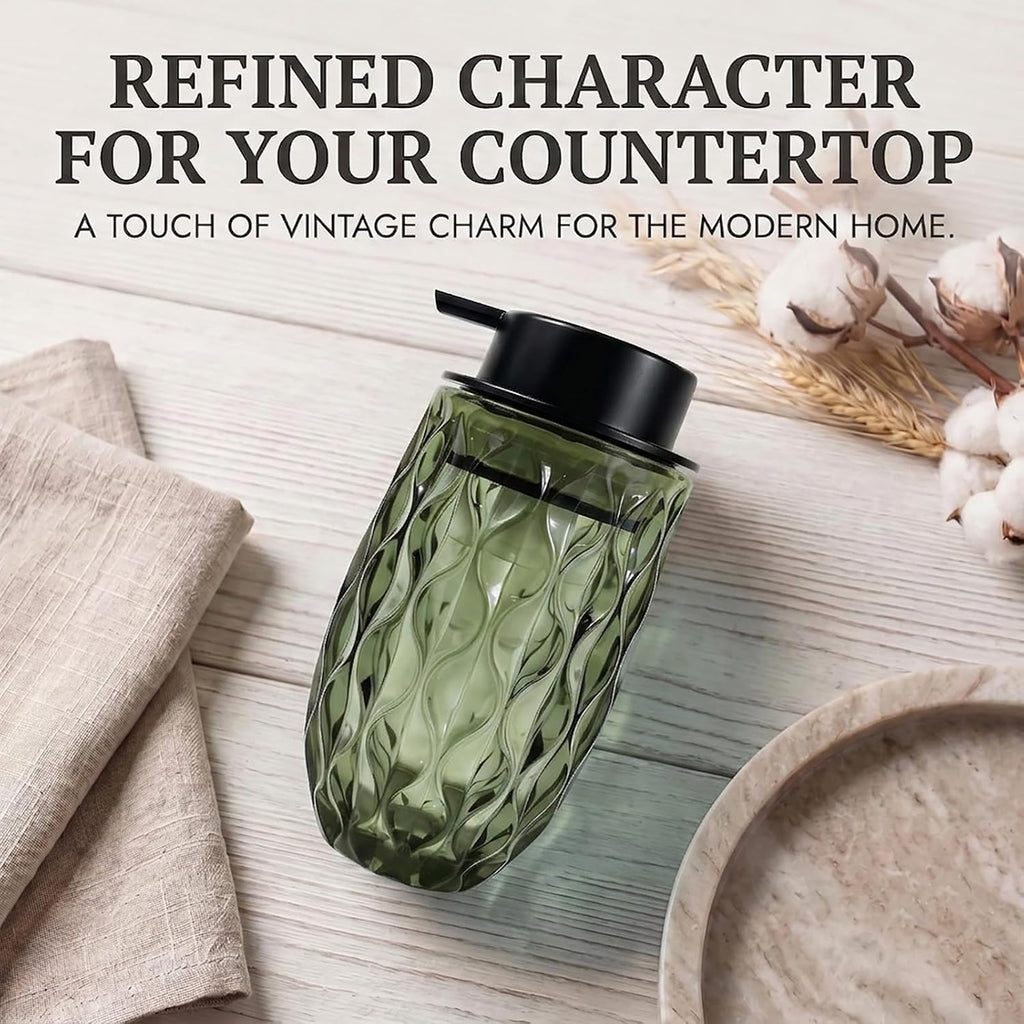 Foaming Hand Soap Dispenser, Green Wavy Glass Matte Black Pump Bath