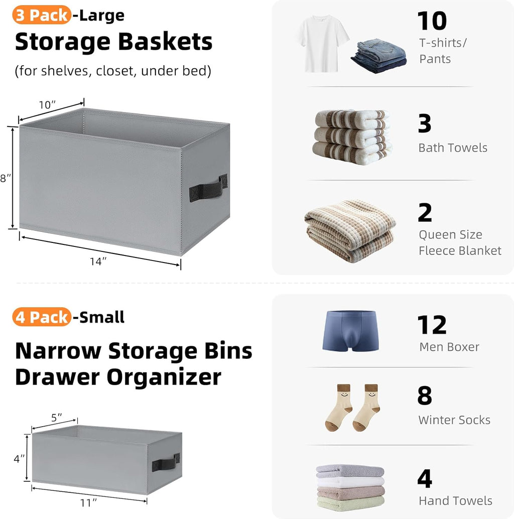 7 Pack Closet Organizers Bins, 2 Sizes Closet Shelf Organizer with Handles - Fabric Home Organization and Storage Baskets for Organizing Clothes Toys Blanket Towel Purse