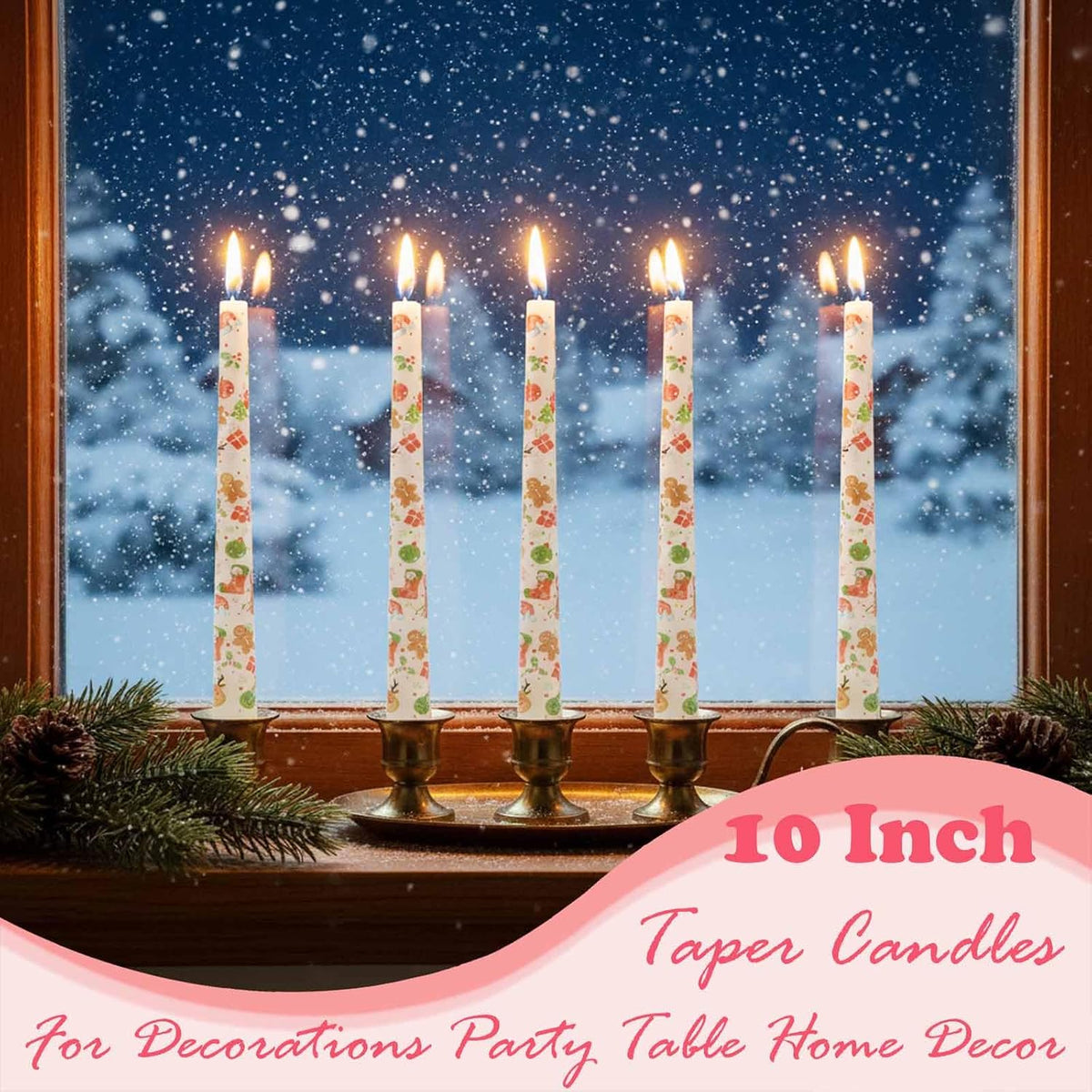 4 Pack Christmas Taper Candles,10 Inch Unscented White Candlesticks with Christmas Tree Print Design for Holiday Table Decor, Fireplace Mantel, Winter Weddings(Ivory)
