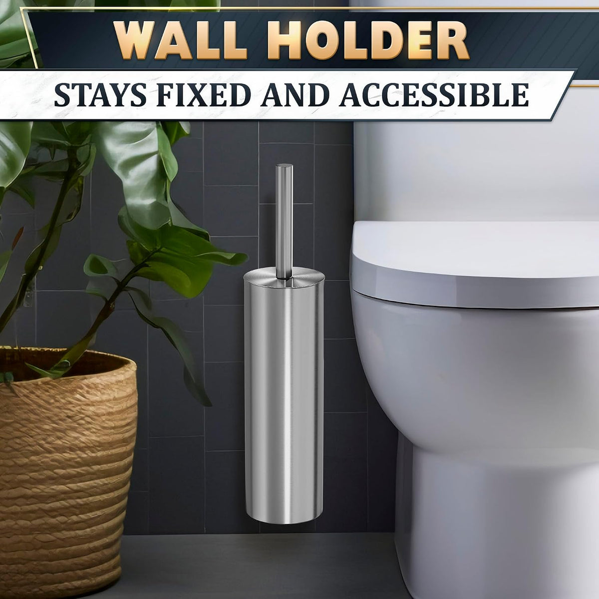 Wall-Mounted Toilet Brush and Holder Set, Stainless Steel (Silver)