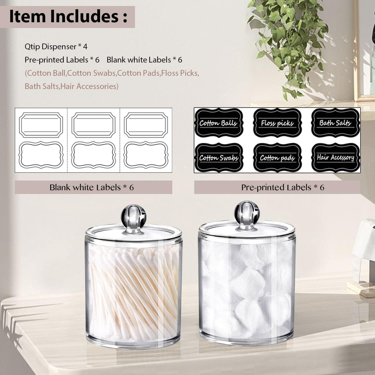 SheeChung 4 Pack Clear Acrylic Qtip Holder with Lids for Bathroom