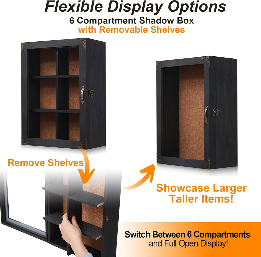 Shadow Box Frame 12x16 with Glass Door, 4.7" Overall Depth Black Solid Wood Display Case with Removable 6-Grid Shelves, Vintage Metal Corner Guards, Handle & Lock, Extra Deep Shadow Box for Medals