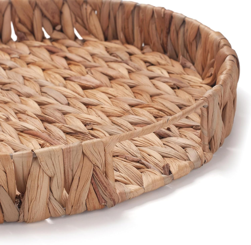 Round Serving Tray for Coffee Table Water Hyacinth Decorative Ottoman Tray with Handle Set of 2 (11.8inch + 13.4inch)