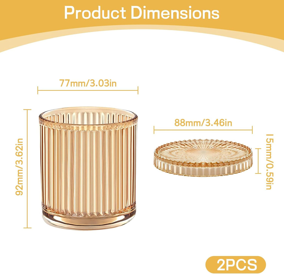 Bathroom Organizers and Storage, 2 Pack Glass Qtip Holder Canisters with Lids, Crystal Clear Apothecary Jars for Cotton Balls, Swabs, Floss, Candy & Makeup Pads (Amber)