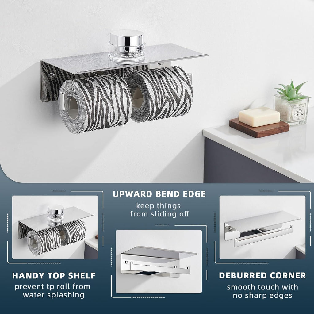 Angle Simple Double Toilet Paper Holder with Shelf, Polished Chrome