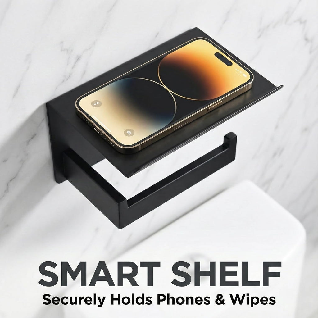 Toilet Paper Holder with Phone Shelf, Matte Black