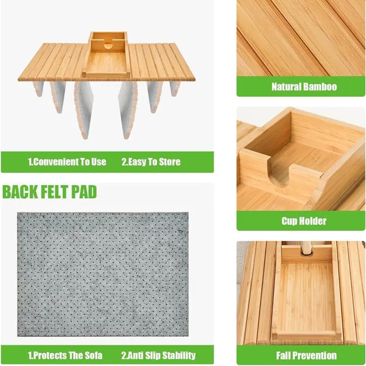 Bamboo Sofa Armrest Tray Table - Foldable Couch Cup Holder,Anti-Slip Side Table Armrest Clip Tray, Multifunctional Couch Organizer, Drink Snack Remote Control Holder