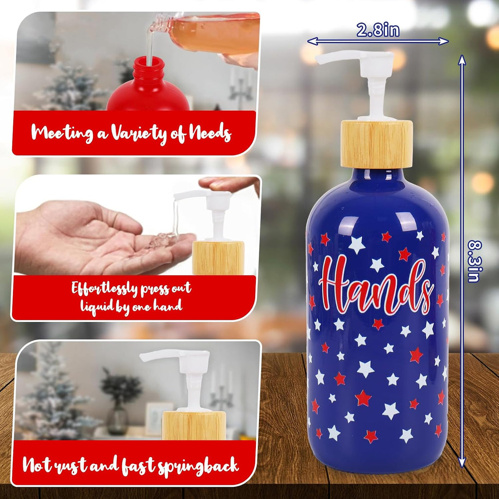FYSUIMU 2 Pcs Patriotic Soap Dispenser Glass Soap Dispenser with Pump Red Blue Star Refillable Liquid Container for 4th of July Independence Day Hands Dishes Party Home Kitchen Bathroom Decor