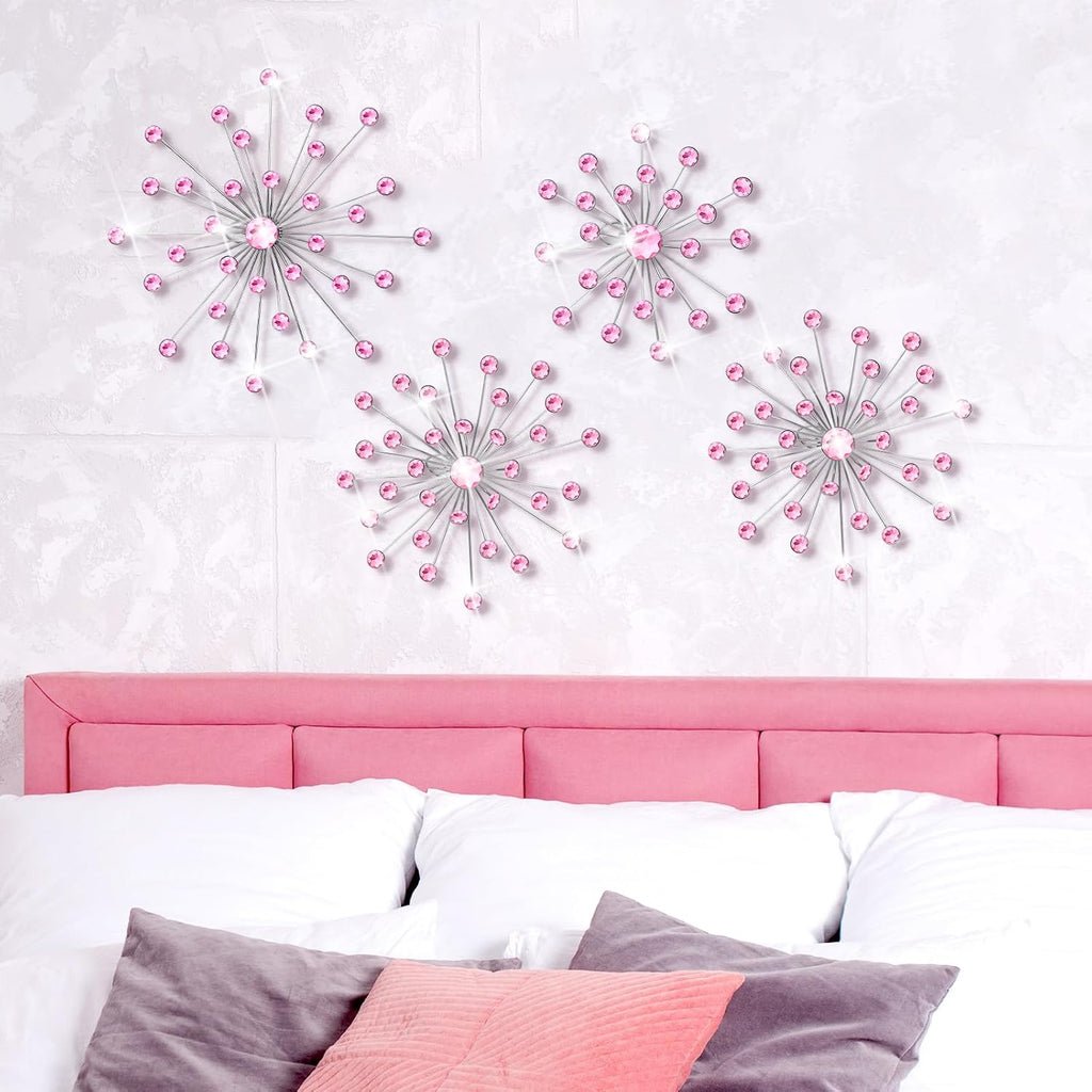 Funnymoom 4 Pcs Pink Starburst Wall Decor Metal Crystal Wall Art Rhinestone