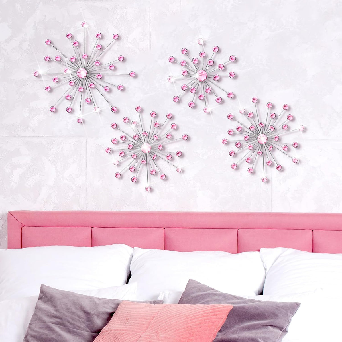 Funnymoom 4 Pcs Pink Starburst Wall Decor Metal Crystal Wall Art Rhinestone