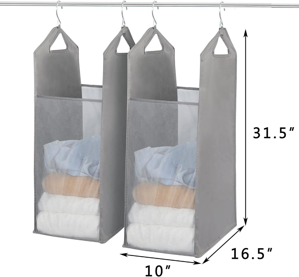 STORAGE MANIAC 2-Pack Hanging Laundry Hamper, Front See-Through Mesh Bag, Slim Basket, Double Hanging Closet Hamper, Narrow Organizer, Grey