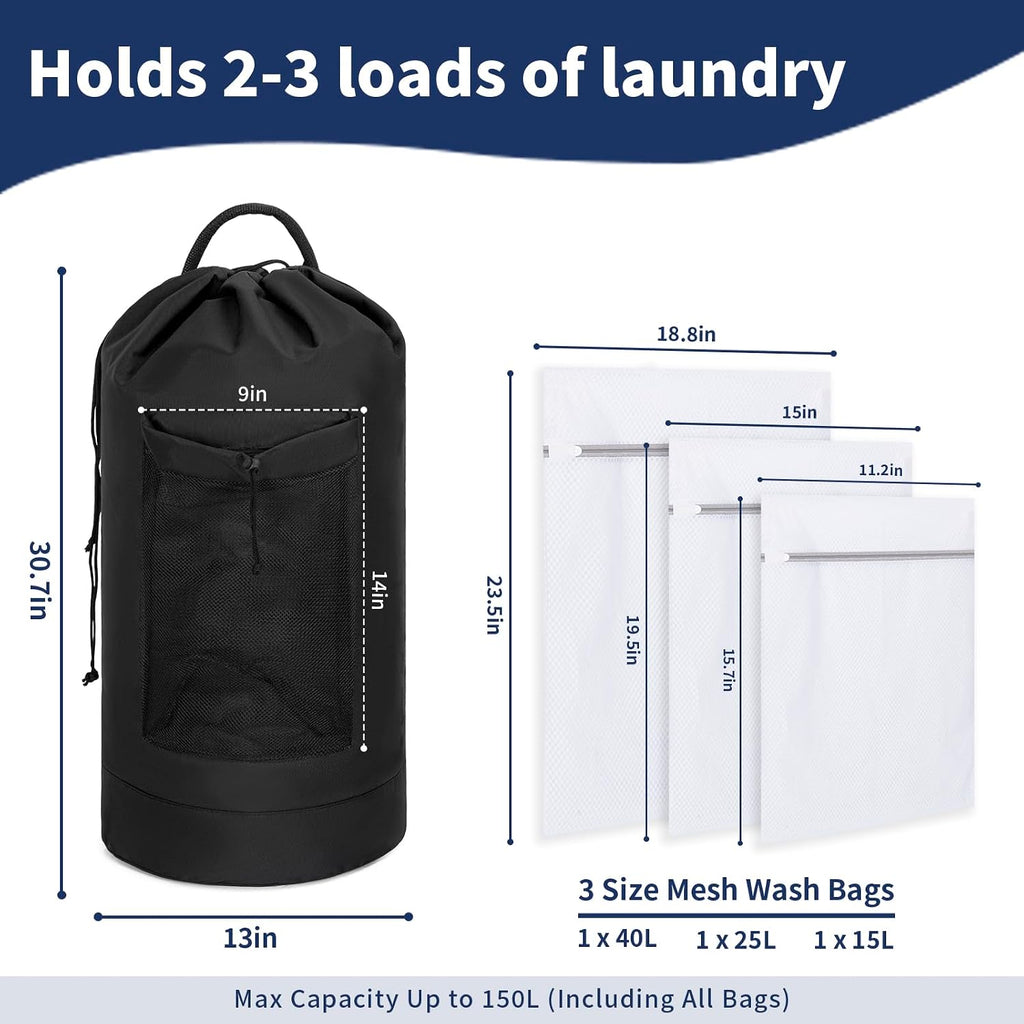 150L Laundry Bag Backpack with 3 Sizes Mesh Wash Bags and Shoulder Straps
