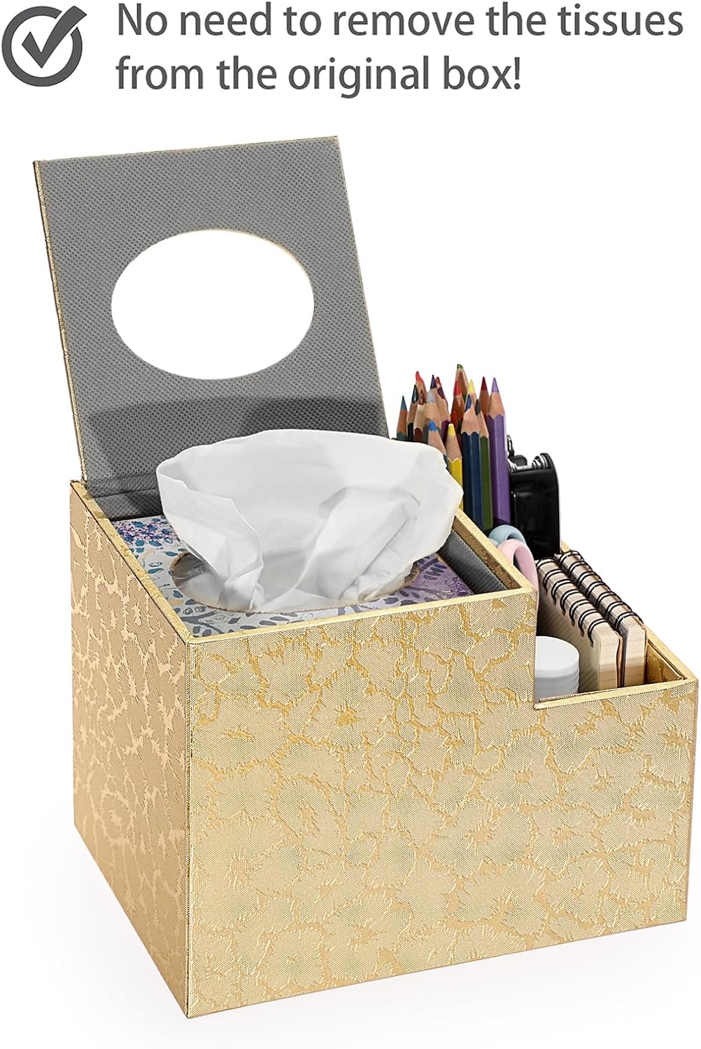 Sumnacon Square Leather Tissue Box Cover - PU Cube Tissue Box Holder with Side Organizer, Decorative Tissue Box for Living Room Vanity Night Stand Desk Countertop Office, Gold