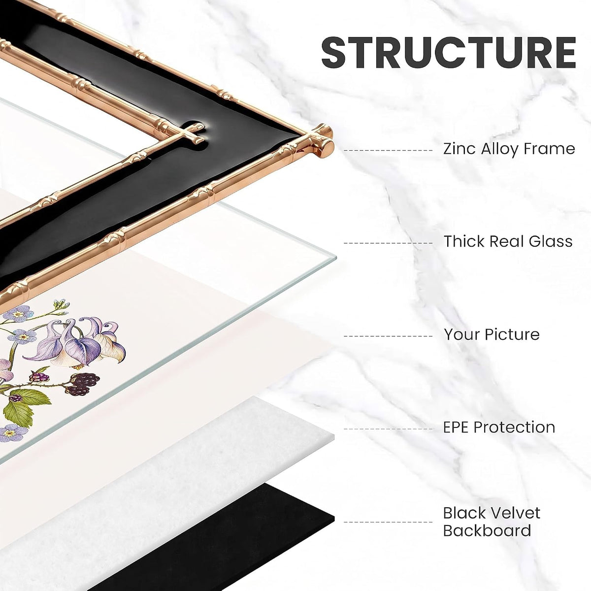 4x6 Picture Frame Black Enamel, Gold Bamboo Design Edge, Tabletop, 1pc