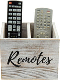 MyGift Remote Control Holder,TV Remote Holder,Wood Remote Caddy for Table,2 Large Compartment,Shabby Whitewashed Solid Wood with Black Cursive Remotes Label