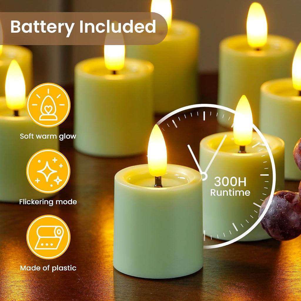 12pcs LED Battery Operated Remote 1.6" x2.5" Tea Lights with Melt Pool Effect, Timer Flickering Sage Green Plastic Flameless Votive Small Tealight Candles for Table Centerpiece Decor