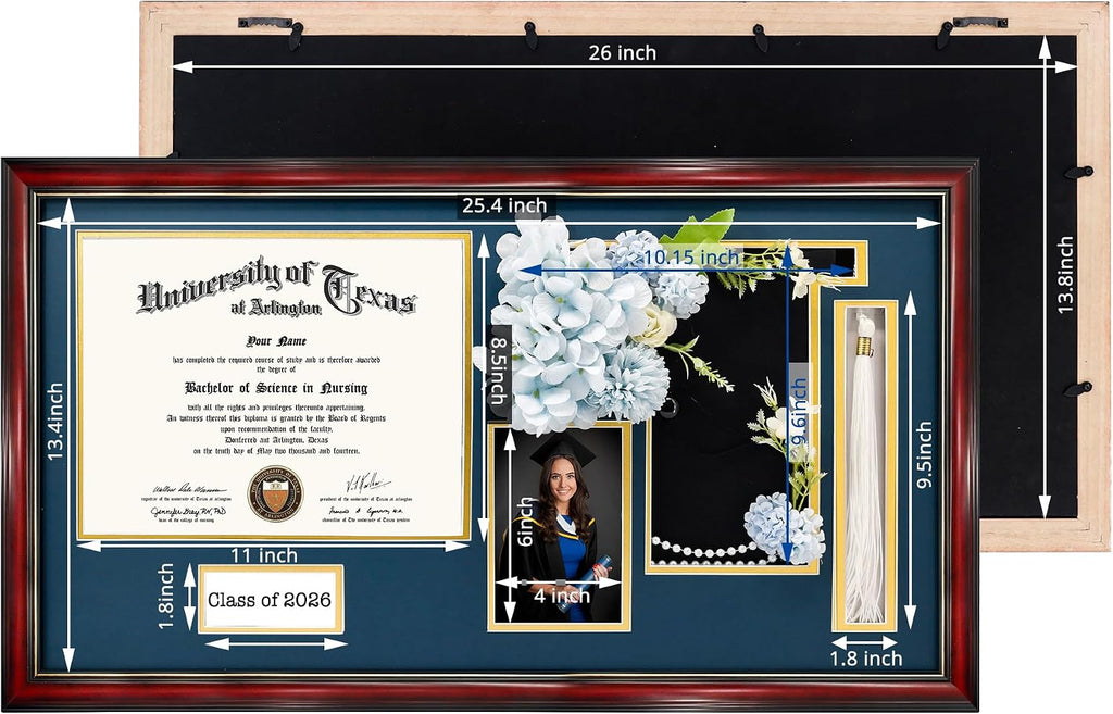 GraduationMall Class of 2026 Graduation Shadow Box Frame for 8.5x11 Diploma, 4x6 Picture with Cap & Tassel Holder, Cherry Wood Display Case with Navy Gold Mat