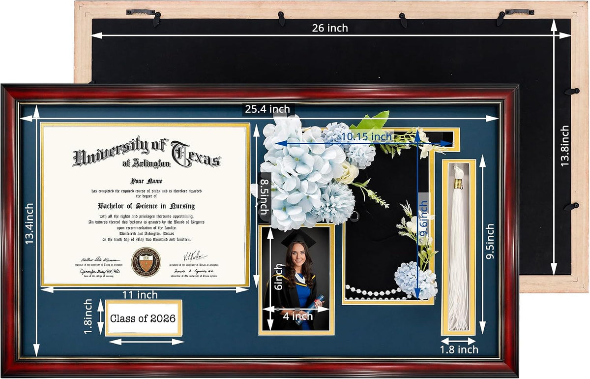 GraduationMall Class of 2026 Graduation Shadow Box Frame for 8.5x11 Diploma, 4x6 Picture with Cap & Tassel Holder, Cherry Wood Display Case with Navy Gold Mat