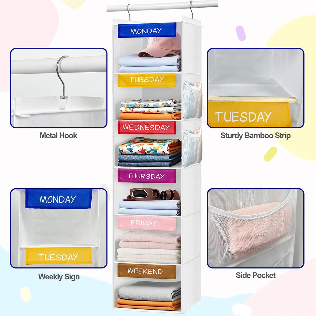homyfort Weekly Clothes Organizer for Kids, 6-Shelf Hanging Closet Organizer with Colorful Labels, Space Saving Design with 2 Pockets, Daily Hanging Closet Shelves for Kids Room Storage, White