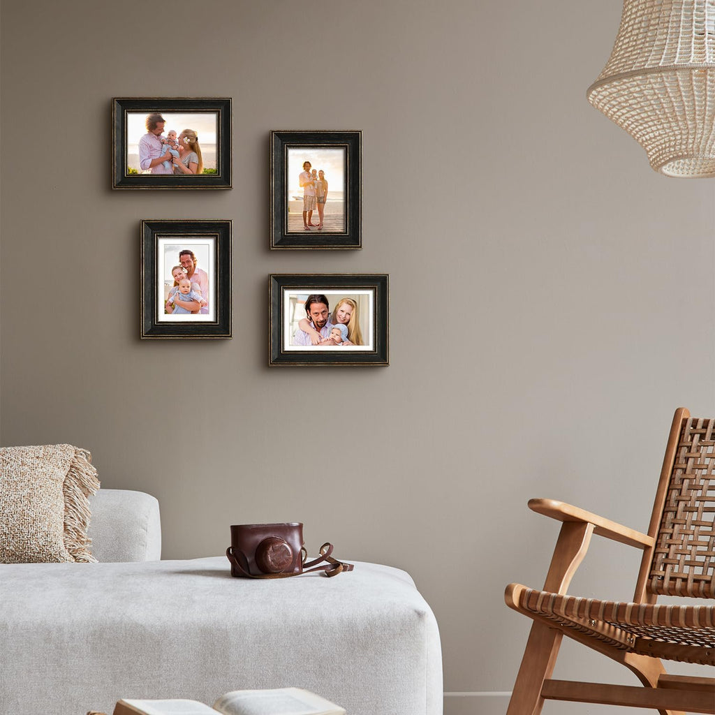 Black 4x6 Picture Frames, 4 Pack, Vintage Rustic Style, Gold Trim