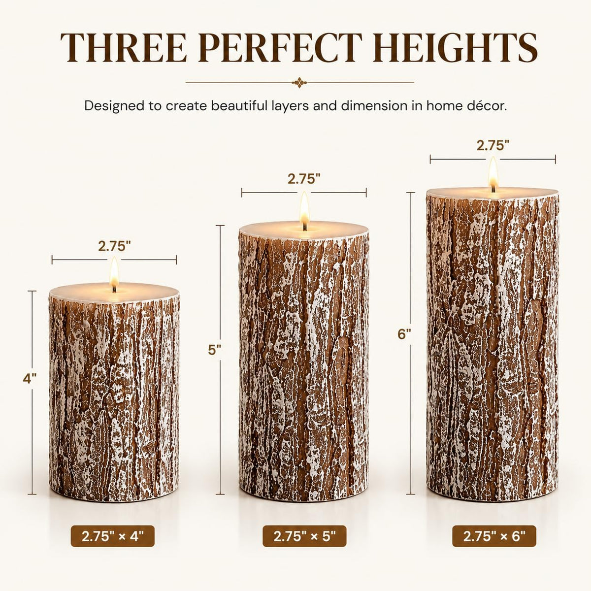 Rustic Pine Tree Pillar Candle Set of 3, Unscented Home Decor