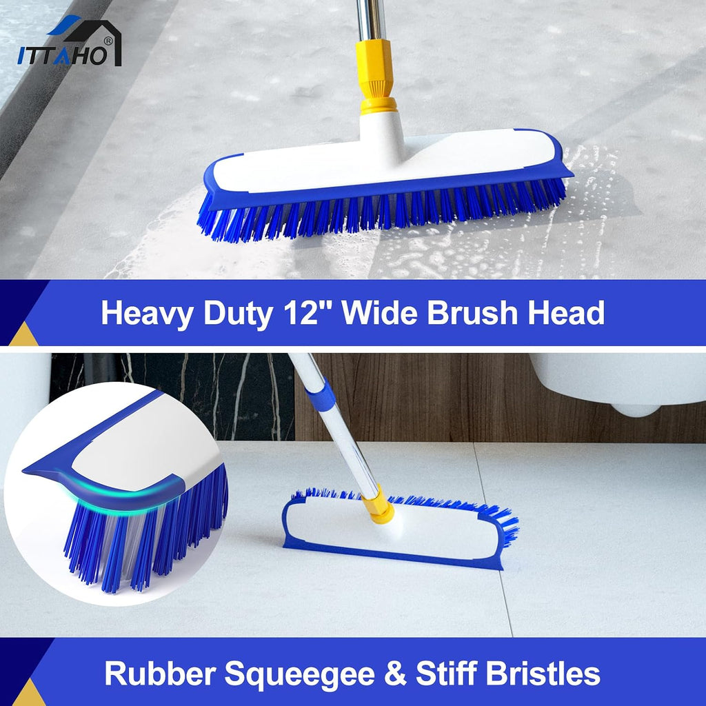 12" Wide Floor Scrub and Grout Brush Set With Long Extendable Handle - Stiff Bristle Heavy Duty Cleaner for Tile, Deck, Garage, Kitchen, Bathroom