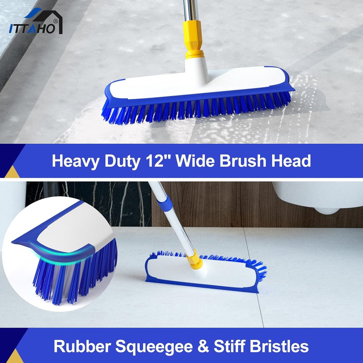 12" Wide Floor Scrub and Grout Brush Set With Long Extendable Handle - Stiff Bristle Heavy Duty Cleaner for Tile, Deck, Garage, Kitchen, Bathroom